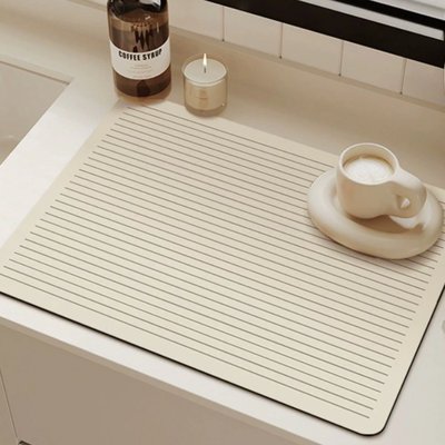 Alfombra Absorbente Antideslizante Para Cocina / Mide 40x30 Cm / Espesor 3 Mm / Escurridor Secado Rapido / Diseño Rayado / Color Beige