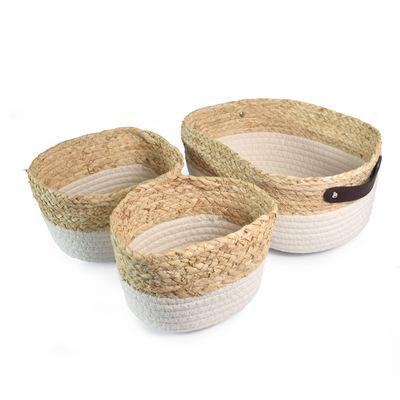 Set x3 cestos de seagrass y algodón tejido Phan White