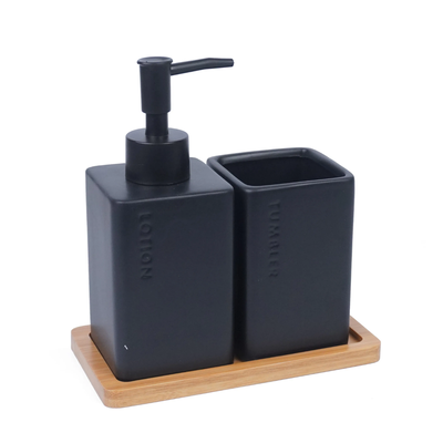 Set de baño cerámica negra y bambú x2 dispenser y vaso organizador