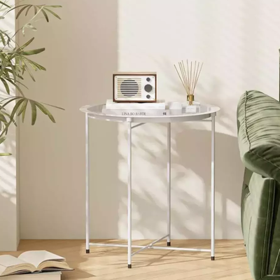 Mesa Ratona Auxiliar Redonda Metalica Plegable Desmotable Blanca