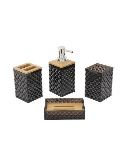 Set de Baño 4 Piezas Acrílico Texturado con Bambú – Dispenser, Jabonera, Vaso y Porta Cepillo