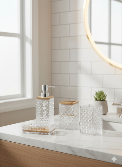 Set de Baño 4 Piezas Acrílico Texturado con Bambú Dispenser,Jabonera,Vaso y Porta Cepillo