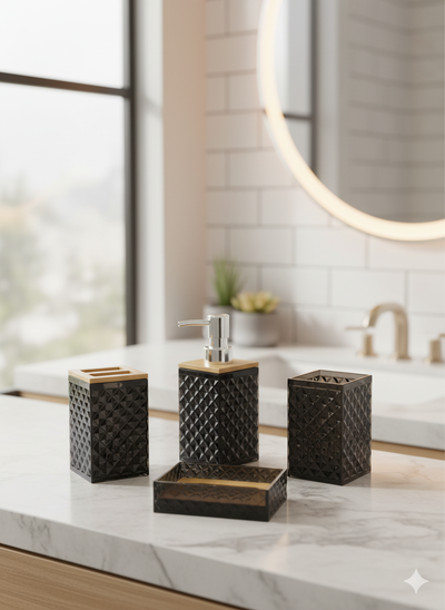 Set de Baño 4 Piezas Acrílico Texturado con Bambú Dispenser,Jabonera,Vaso y Porta Cepillo