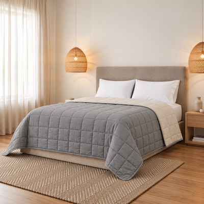 Cover Reversible Varenna con Relleno 230 x 240 cm – Beige/Gris Claro 4 Estaciones
