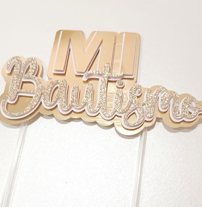 Cake Topper Mi Bautismo Amarillo Pastel + Oro