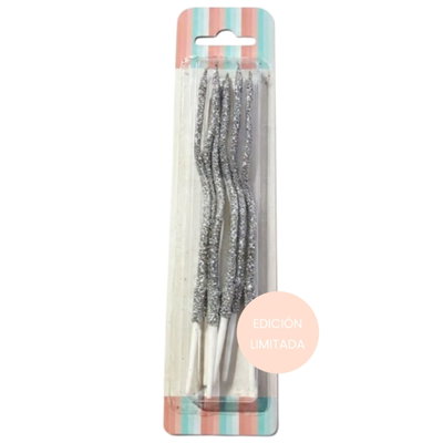 Velas onduladas con glitter Plata x 6 unidades