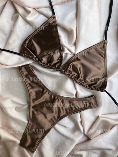 BIKINI SOFIA CHOCOLATE METALIZADA CON TIRA NEGRA