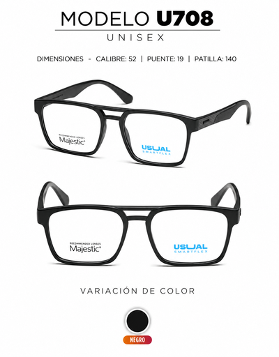 Anteojo Usual Smartflex U708 Negro Unisex | Armazón Flexible para Lentes Recetados