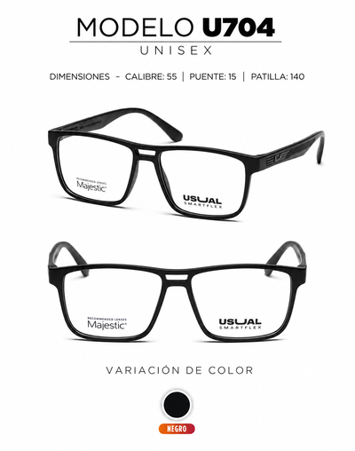 Anteojo Usual Smartflex U704 Negro Unisex | Armazón Flexible Rectangular