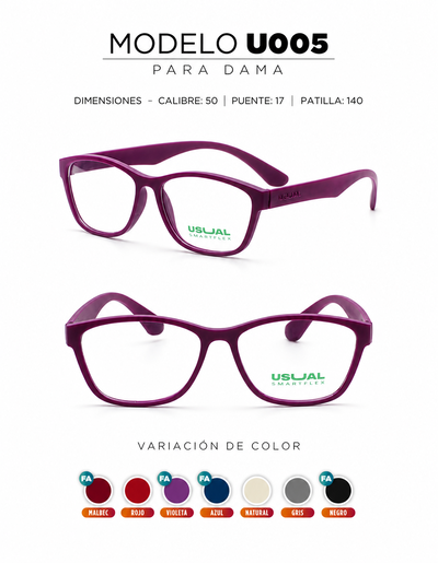 Anteojo Usual Smartflex U005 para Dama | Armazón Flexible en Varios Colores