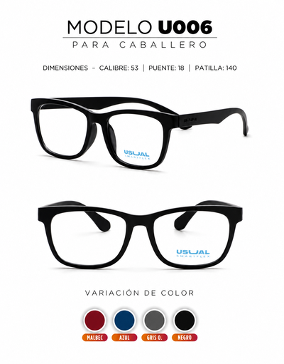 Anteojo Usual Smartflex U006 para Caballero | Armazón Flexible en Varios Colores