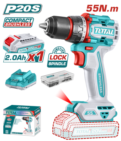 Taladro&nbsp;20V BL&nbsp;2000rpm 55Nm INDUSTRIAL TOTAL&nbsp;TDLI205582-4&nbsp;(CARGADOR&nbsp;Y BATERIA 2Ah)