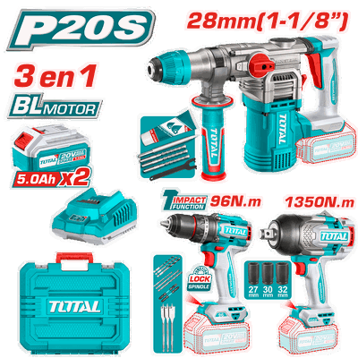 Kit Taladro Percutor + Llave de Impacto + Rotomartillo TOTAINDUSTRIAL L TOSLI250281-4