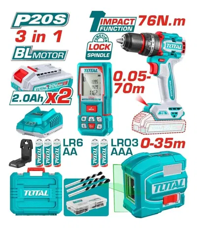 Kit Taladro Percutor 76Nm + Nivel Laser + Medidor Laser INDUSTRIAL TOTAL