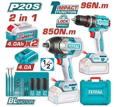 Kit Taladro Percutor 96Nm + Llave de Impacto  850Nm INDUSTRIAL TOTAL 