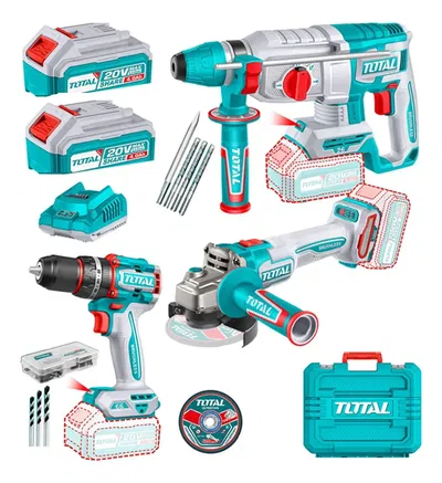KIT TOTAL Taladro percutor, amoladora, y Rotomartillo 26mm 20v con MALETIN Y Acc.