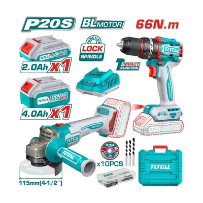 COMBO AMOLADORA  20V (4-1/2") + TALADRO PERCUTOR (1/2") 66NM  2 EN 1