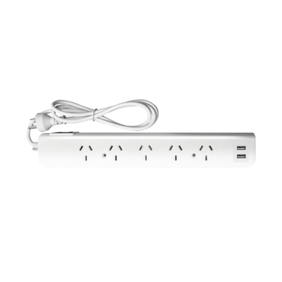PROLONGADOR 5 TOMAS + 2 USB, BLANCO, 1,5 MTS DE CABLE 10A, 2200W MAX. PROTECTOR TERMICO