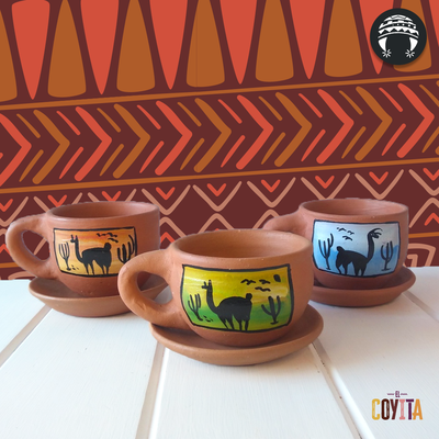 Tazas marron pintadas + platito