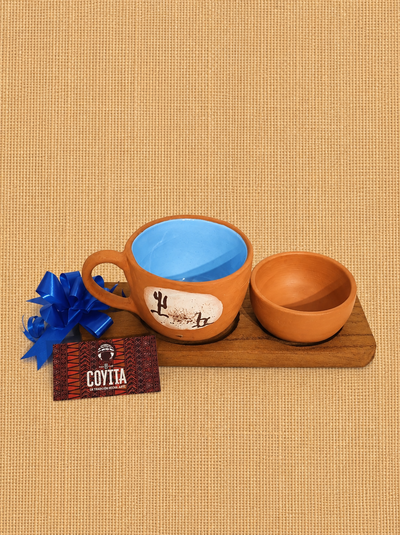 Set de tazon esmaltada + cuenco de barro + tabla de madera
