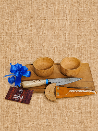 Set de cuchillo + 2 cuencos de madera + tabla de madera 