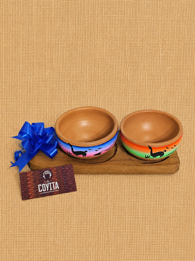 Set de 2 compoteras de barro + tabla de madera