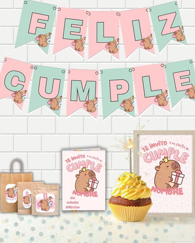 Kit de Imprimibles para Cumpleaños –capibara con rosa