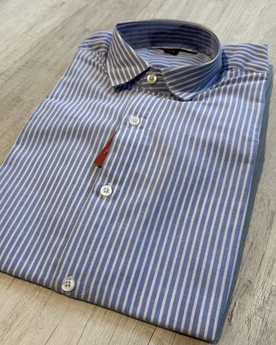 Camisa algodón Celeste Rayas blancas 