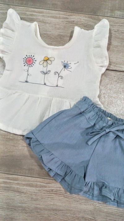 Conjunto Bordado Short Celeste