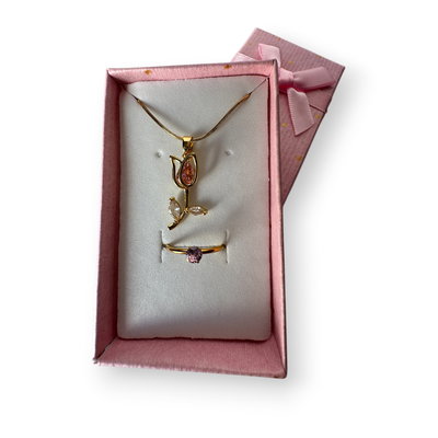 Set: Anillo promesa + Collar Tulipan Rosa Dorado II