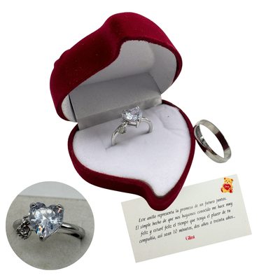 Par de anillos promesas corazon y alianza con estuche plateados ajustables