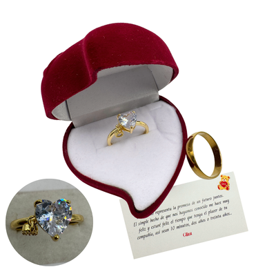 Par de anillos promesas corazon y alianza con estuche dorados ajustables