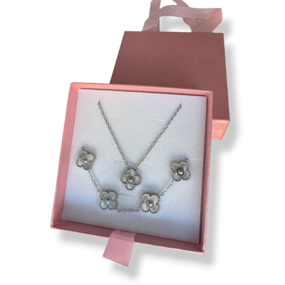 Set: Collar y Pulsera Trébol Plateada Estilo Van Cleef
