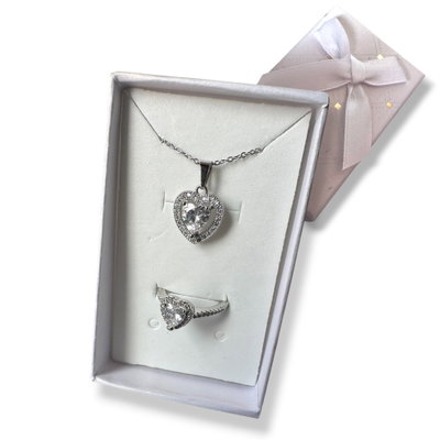 Set: Anillo corazón ajustable + Collar corazón Cristal 
