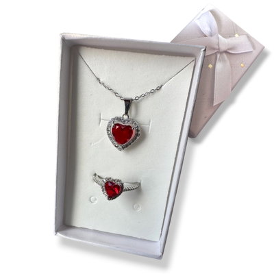 Set: Anillo corazón ajustable + Collar corazón Rojo 