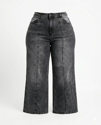 TALLES 50 Y 54 JEAN WIDE LEG GRIS RECORTE ELASTIZADO
