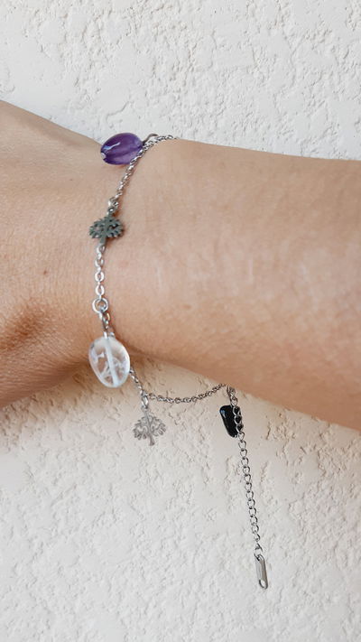 Pulsera cuarzos protección Amatista, cuarzo cristal y turmalina