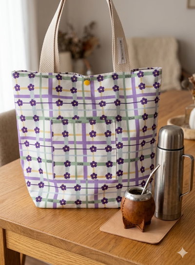 BOLSO MATERO | Flor de cuadrille lila.