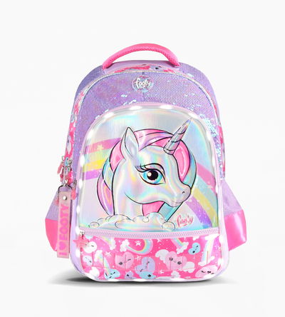 Mochila escolar footy 18 " unicornio arcoiris con luz led lila