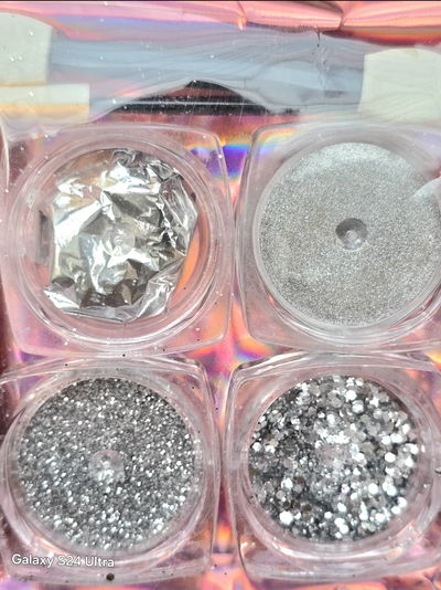Polvo Espejo Cromo Plata glitter fino grueso y aluminio