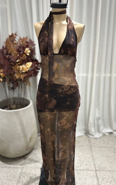 MAXIVESTIDO MARILYN LAZO - MICROTUL SUBLIMADO VIBES -Chocolate
