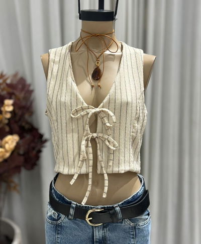 CHALECTO DOBLE TIRA - BAMBULA RAYADA - Manteca