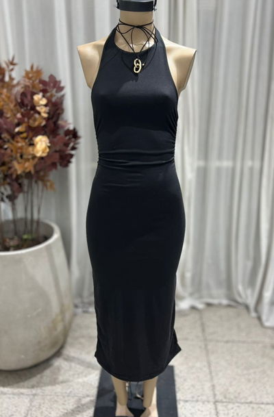 MAXIVESTIDO HALTER FRUNCE - MODAL GAMUZADO - Negro