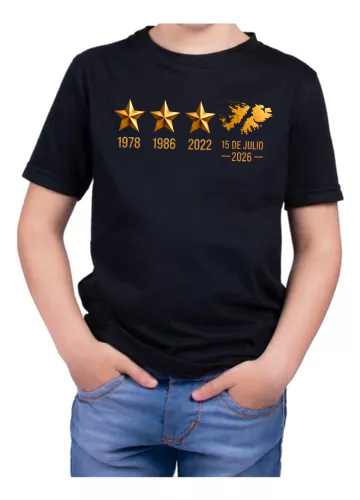 Remera niños/nena Argentina: 3 estrellas + Malvinas Dorado