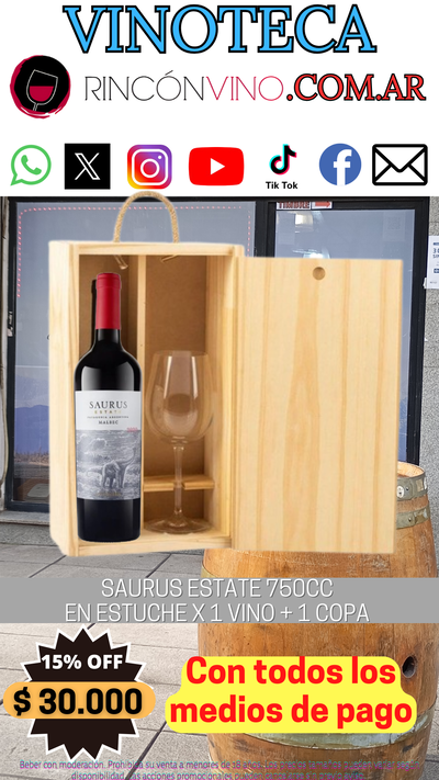 ESTUCHE DE MADERA SAURUS ESTATE MALBEC CON 1 COPA