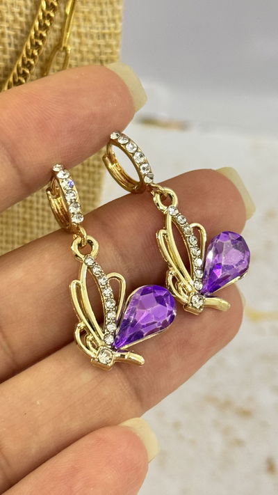 Aros Dorados Mariposa Cubic Lila 