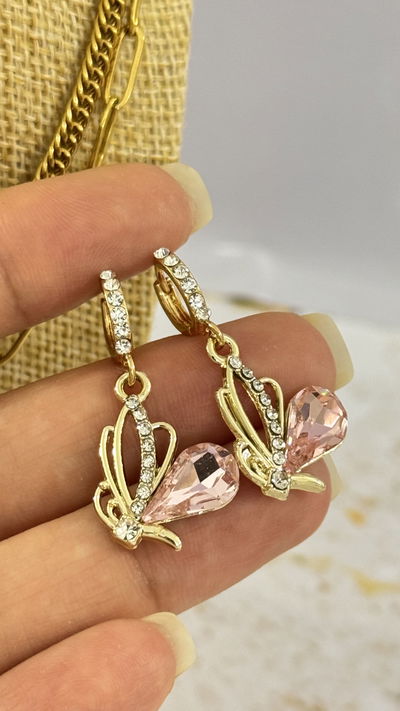 Aros Dorados Mariposa Cubic Rosa 