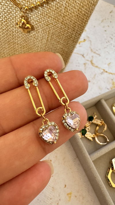 Aros Dorados Clip Corazón Rosa 