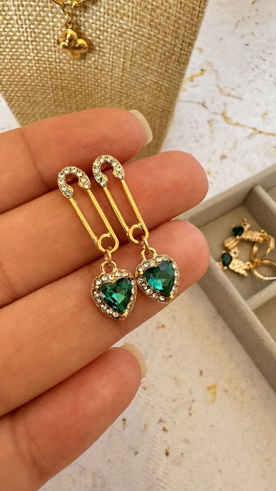 Aros Dorados Clip Corazón Verde 