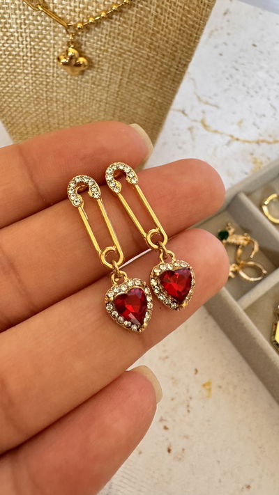 Aros Dorados Clip Corazón Rojo